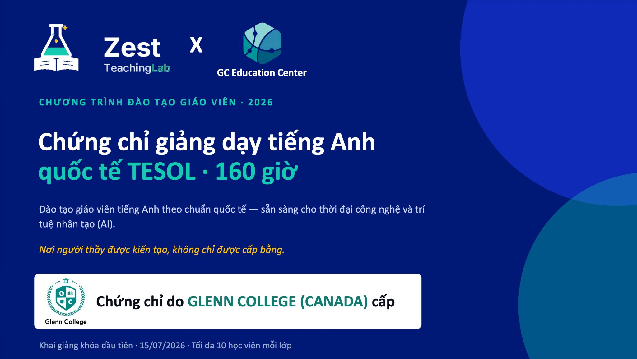 Chung chi giang day tieng Anh quoc te TESOL 160 gio offline Glenn College Canada